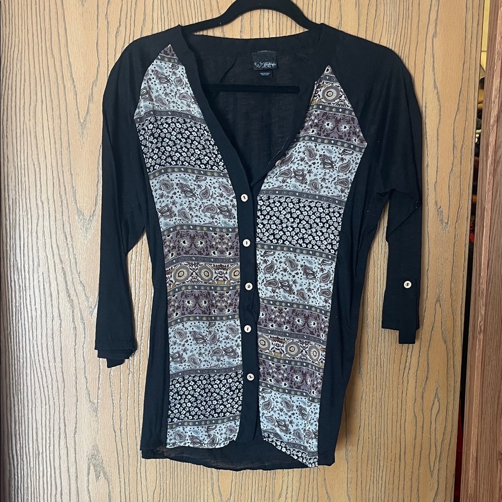 Daytrip Black Button-Front Blouse with Patterned Front Panels